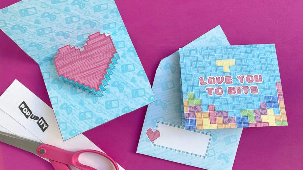 Pixel Love DIY Pop-Up Card with Retro Video Game Design