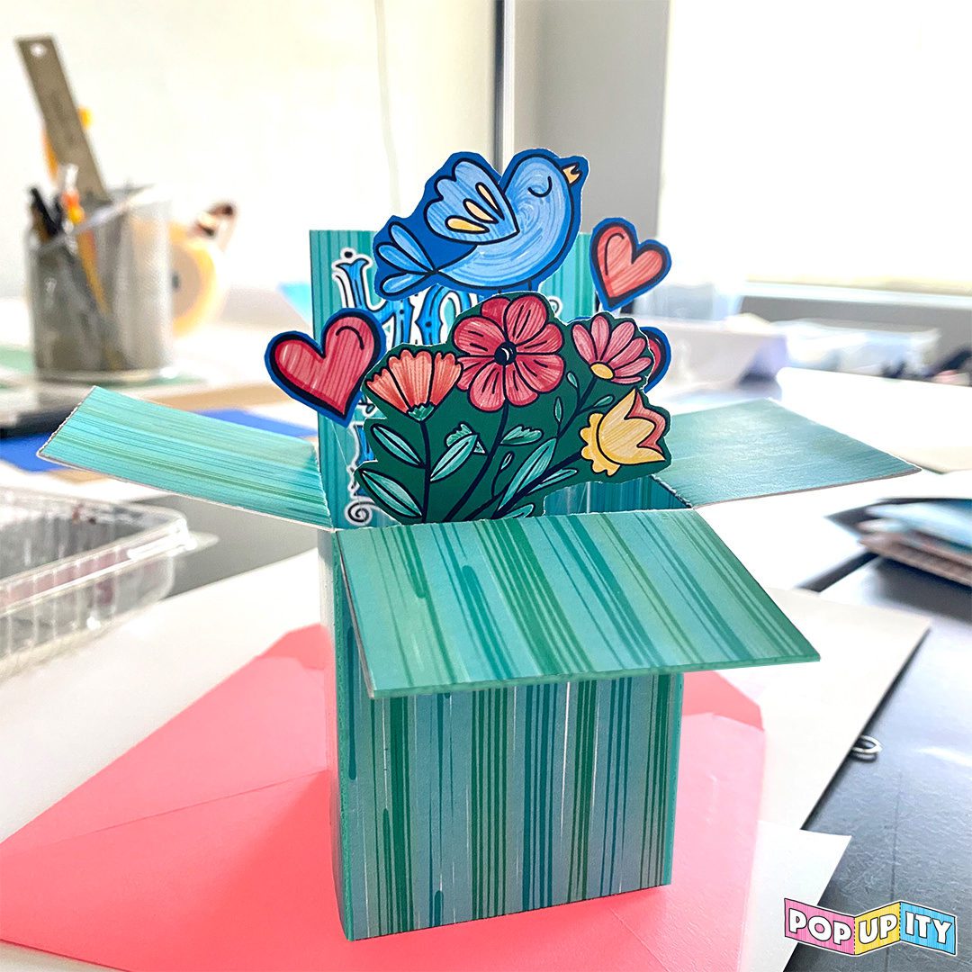 3D Pop-Up Card, Exploding Box Style with Hearts and Bluebird by Popupity. DIY print and make project and template.