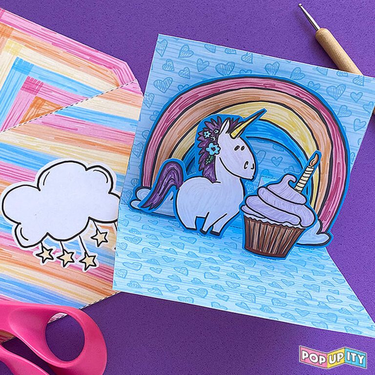 Unicorn Pop-Up Card with Rainbows, Hearts, and Cupcakes from Popupity.