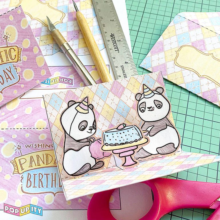 Birthday Pop-Up Card, featuring two pandas having a tea party. Gift card holder with matching envelope.