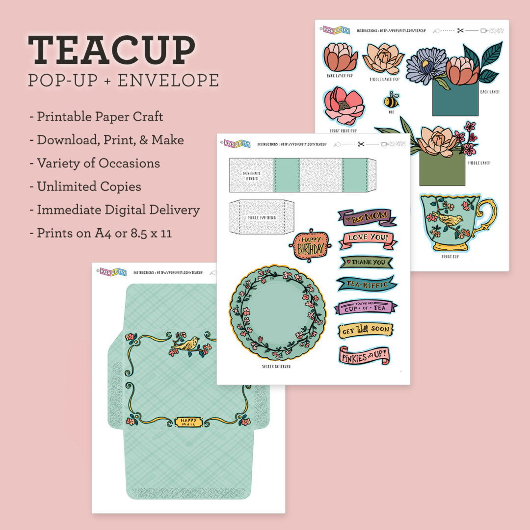Printable teacup pop-up card details
